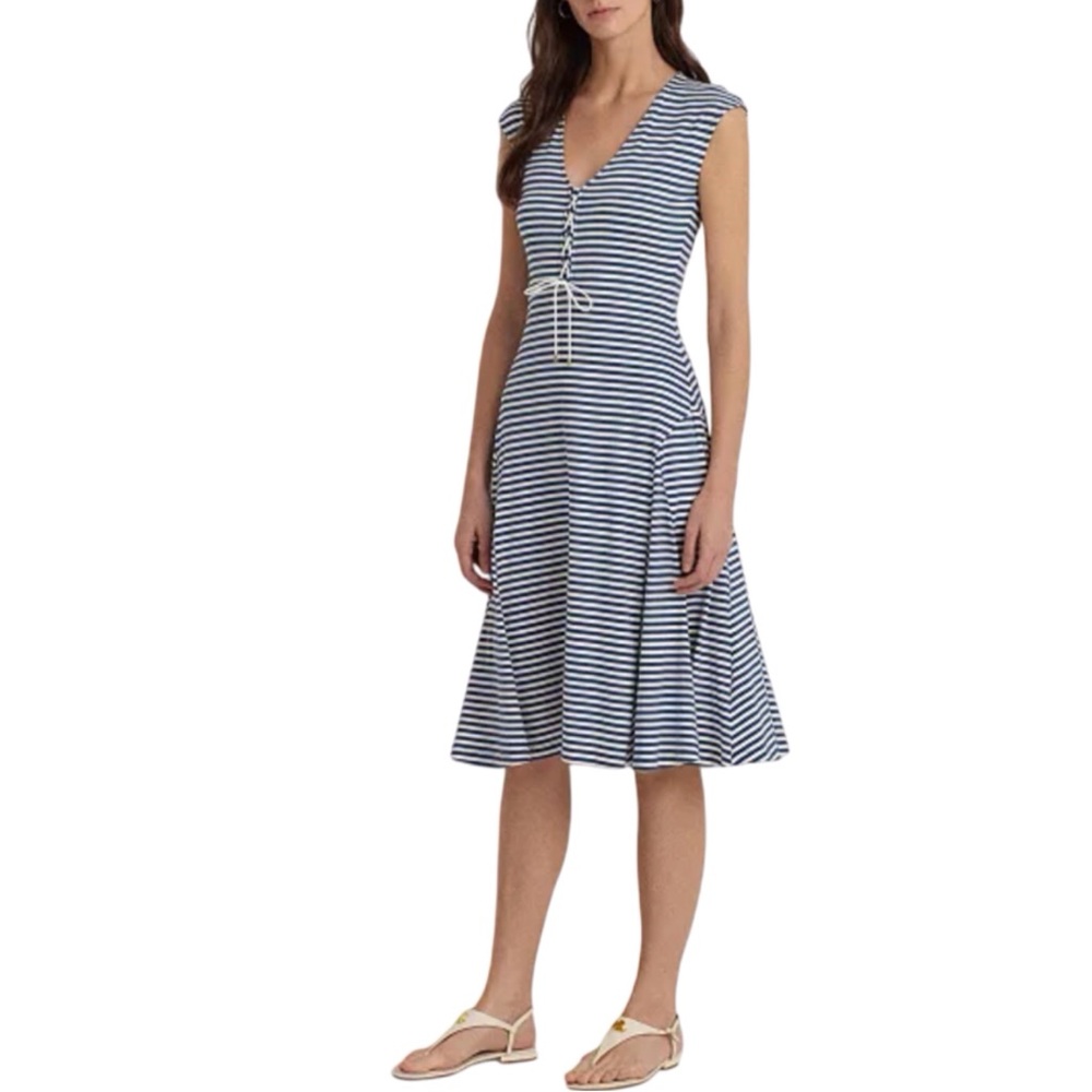 Lauren Ralph Lauren Women's Striped Lace Up Dress Nautical Cap Sleeve Size 2X